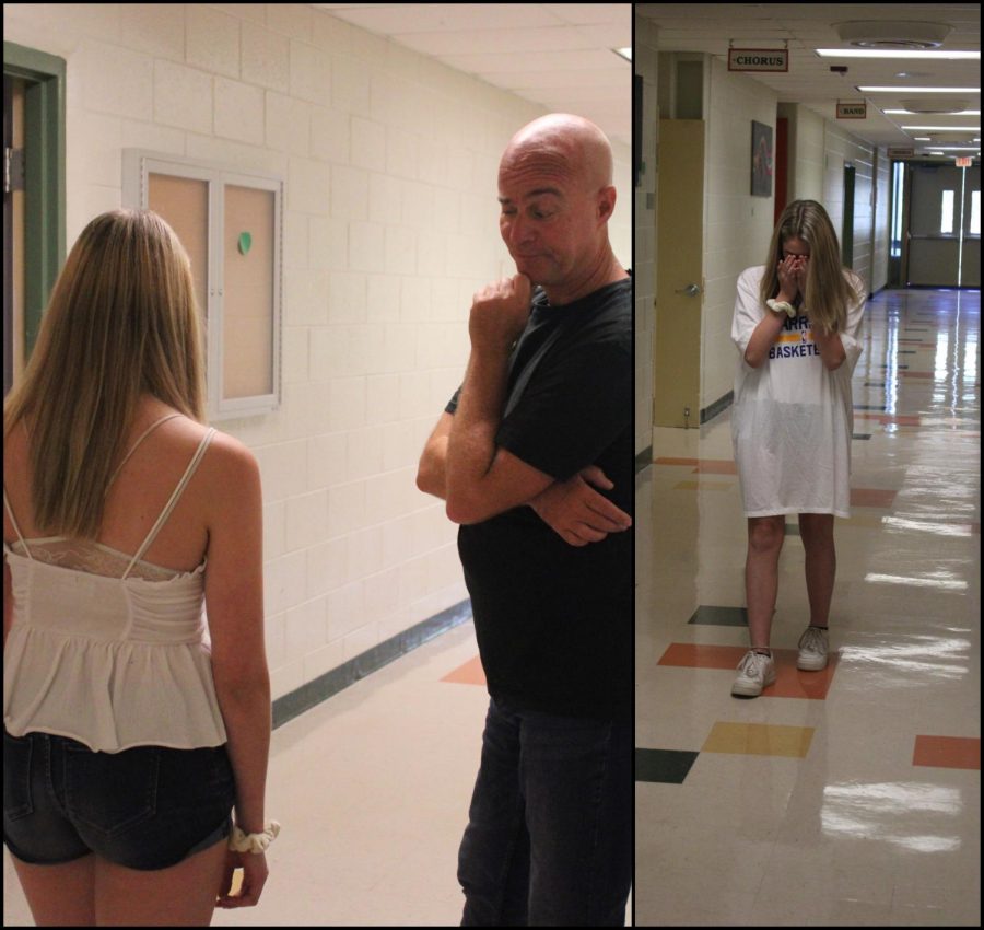 Sophomore, Ruby Andrews Hocking being dress coded by Mr.Cooke