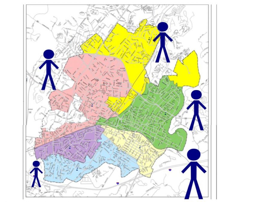 The district maps shows the lines and depicts stick figures who do not live within the lines.