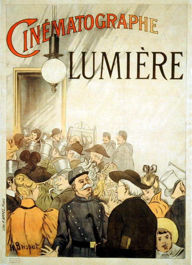 An early advertisement from 1895 advertising the Lumière brothers' cinematograph.