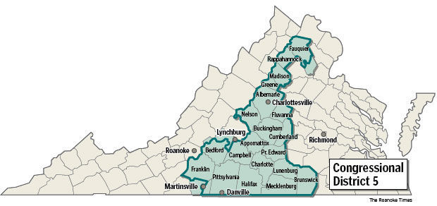 Virginias 5th District reaches from Northern VA all the way to the southern boarder, about the size of the state of New Jersey.