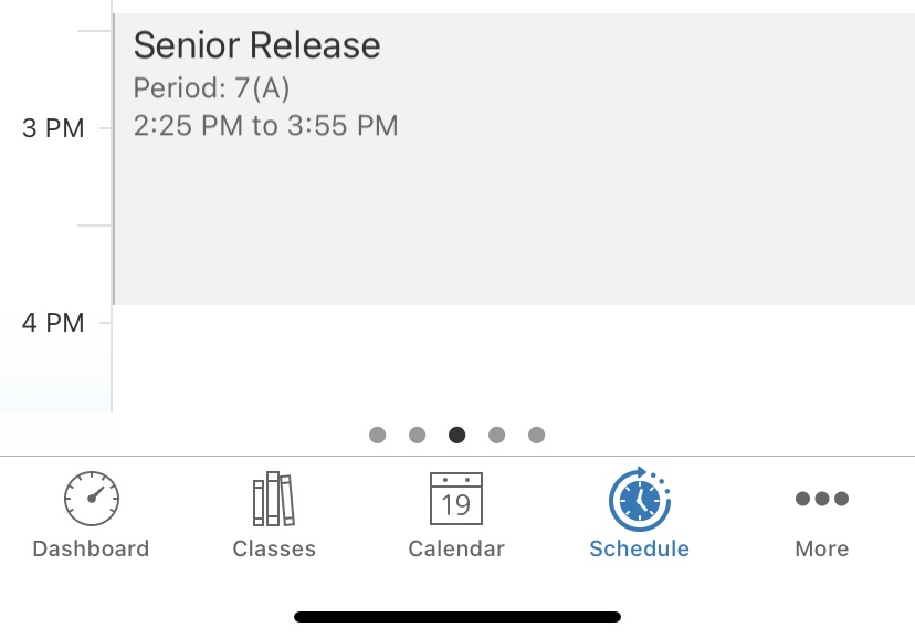 A brief look into what senior release appears as on a powerschool schedule.