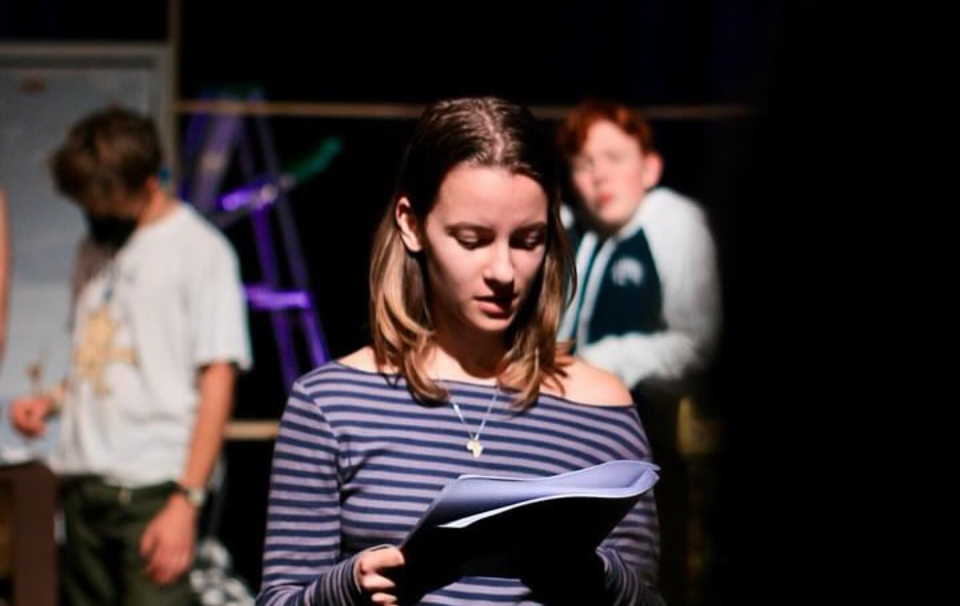 Olivia Colvin, Eleot Abrahamson and Connor Ash in rehearsal. 