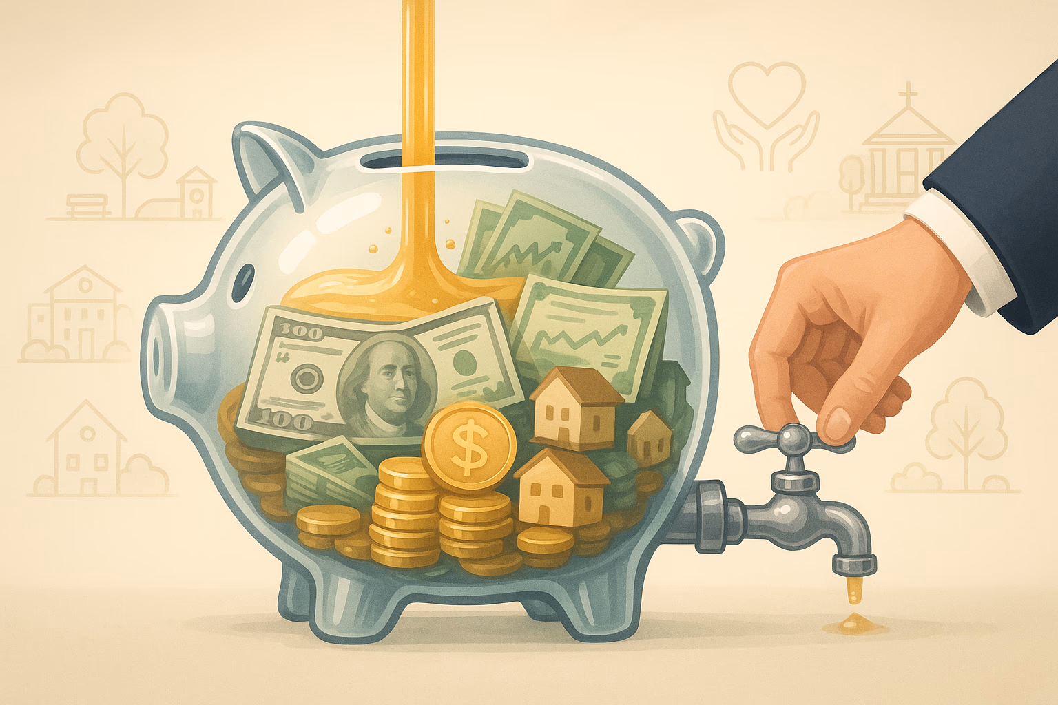 Graphic of a piggy bank and a had taking out of it. 